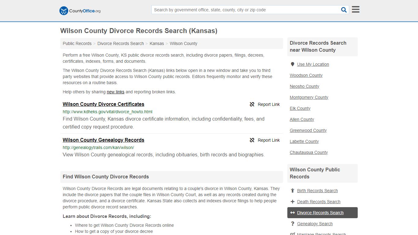 Wilson County Divorce Records Search (Kansas) - County Office