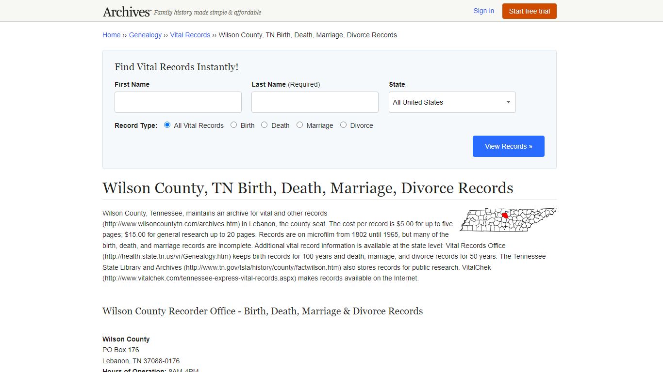 Wilson County, TN Birth, Death, Marriage, Divorce Records - Archives.com